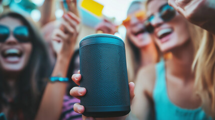 Naklejka premium Person Holding Portable Speaker at Outdoor Gathering with People Laughing
