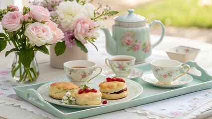 A delightful tea party with scones and flowers