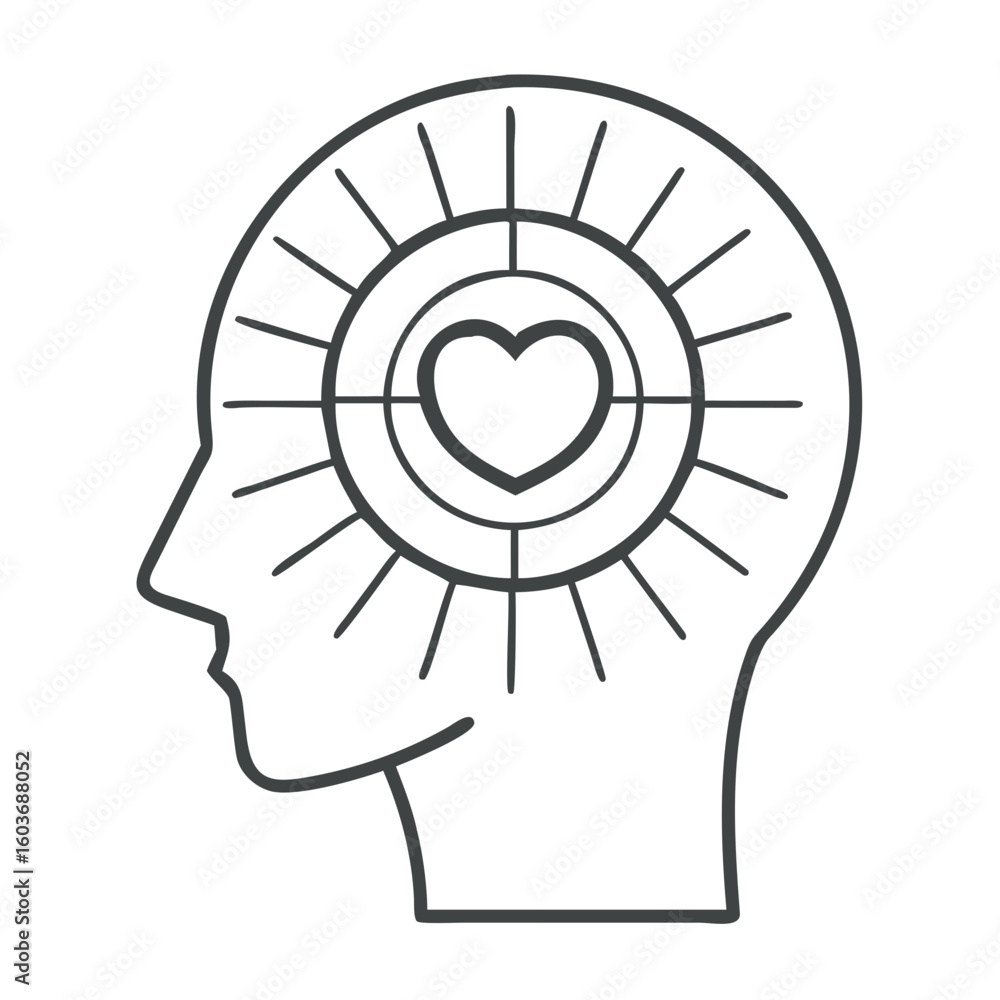 Poster radiating lines around a heart within a head symbolizing consciousness and emotion