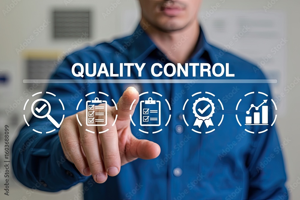 Poster man s hand touching a digital interface displaying icons for quality control including a magnifying 