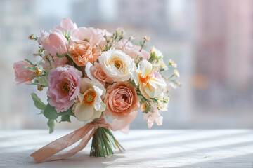 Realistic Pastel Flower Bouquet with Peonies and Roses for Wedding Decor or Gift Photography Props