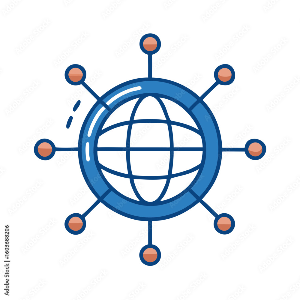 Poster minimalist globe design with orbiting circles illustrating global connectivity concepts