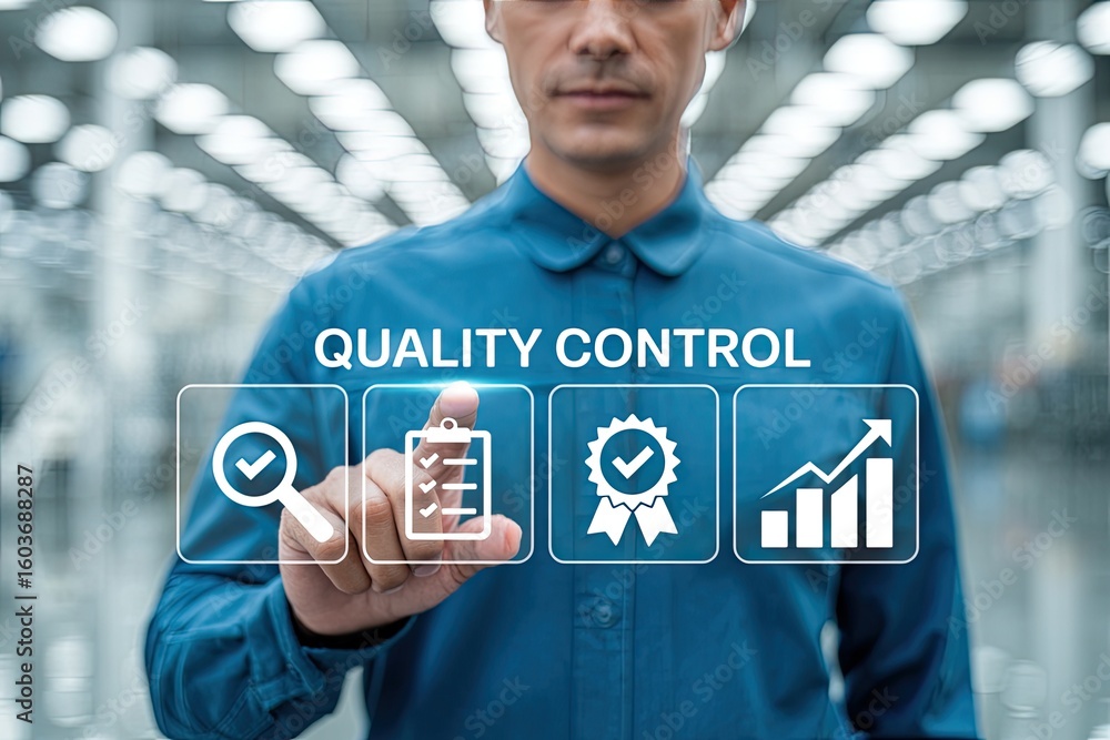 Poster man touching screen displaying quality control icons for inspection checklist certification and busi