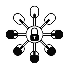 Fototapeta premium Silhouette of Multiple Padlocks Arranged Around a Central Lock With Picks