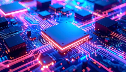 Fototapeta premium Close-up of glowing circuit board with central processor (1)