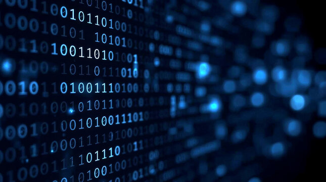 ฺBlue digital binary data on computer screen. dark blue abstract background featuring glowing white and light blue binary code on the left side, with a shallow depth of field creating a blurred