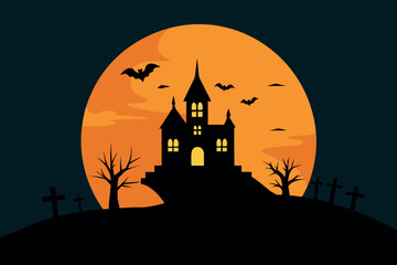 Halloween Haunted House Silhouette: Spooky Castle, Orange Moon, Bats, Graveyard, Minimalist Vector Illustration