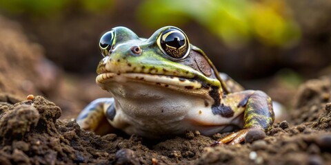 Fototapeta premium Close-up of a vibrant green frog nestled in the earth, showcasing its striking eyes and detailed skin texture.