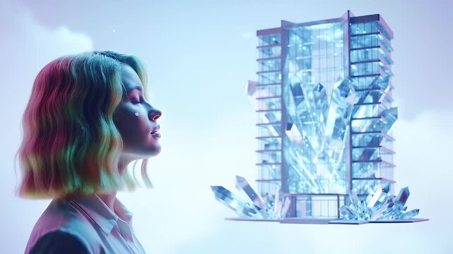 A visionary woman dreams of futuristic corporate architecture, contemplating a magnificent crystalline skyscraper floating in a surreal metaverse sky.