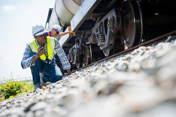 Railway Engineers Inspecting Train Wheels and Tracks, Two Industrial Workers Checking Freight Train...