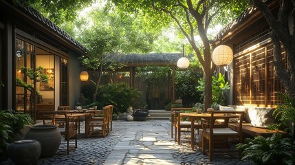 Obraz premium Chinese outdoor seating area surrounded by stone paths