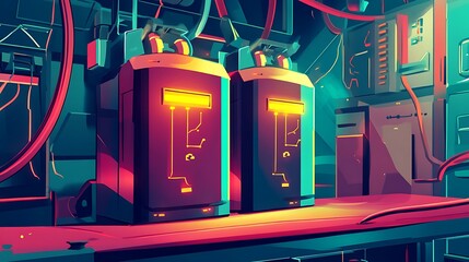 Vibrant battery maintenance cartoon with charged backgrounds