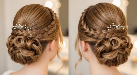 Elegant braided updo hairstyle with intricate twists and decorative pearl accents, showcasing sophisticated bridal or formal event hair styling.