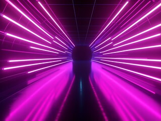 Futuristic Neon Pink Tunnel with Glowing Curved Light Strips and Reflective Floor in Modern Digital Space