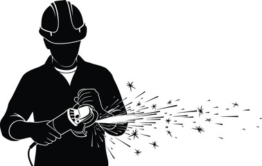 Vector art of a silhouette of a construction worker using a grinder with sparks flying wearing a hard hat