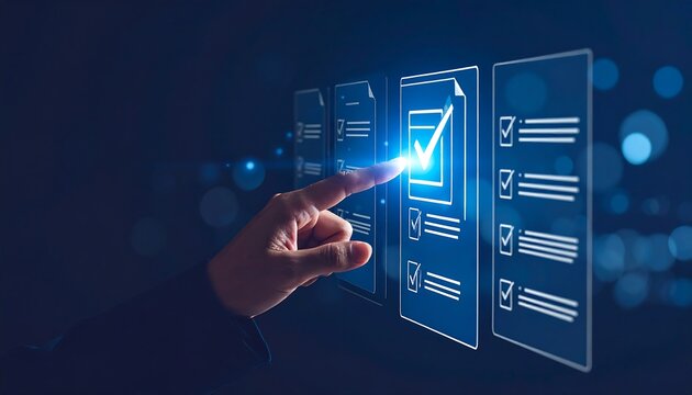A hand interacts with digital checklist documents