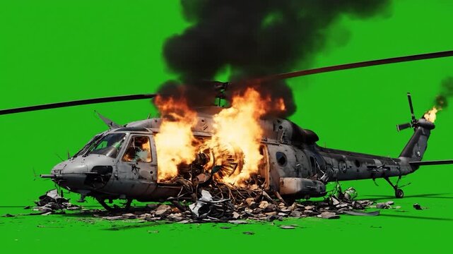 Crashed Helicopter with Limited Rubble on Green Screen suitable for video editing, special effects, movie productions, VFX compositing. Graphic Resources broken car.
