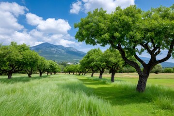 Obraz premium Green meadow with trees growing in rows and mountains in the background