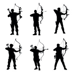 vector illustration of compound bow hunter silhouette set, Black & White silhouette set