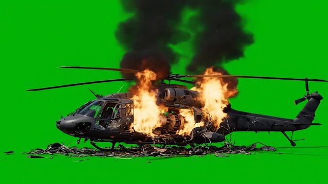 Crashed Helicopter with Limited Rubble on Green Screen suitable for video editing, special effects, movie productions, VFX compositing. Graphic Resources broken car.
