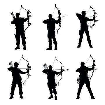 vector illustration of compound bow hunter silhouette set, Black & White silhouette set