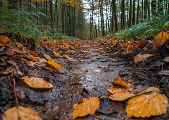 A path through a forest with leaves on the ground