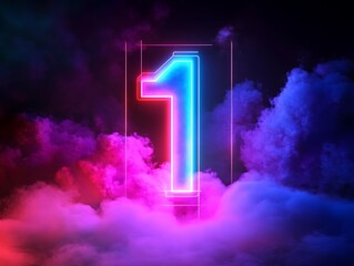 Neon Number One Floating Above Colorful Cloud with Futuristic Glow and Dark Background