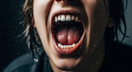A dramatic close-up of a person screaming with their mouth wide open as water splashes around them.