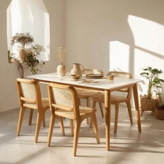 A minimalist dining setting with a white rectangular table and four light wood chairs with woven seats, bathed in sunlight from a nearby window, complemented by potted plants and neutral-toned decor