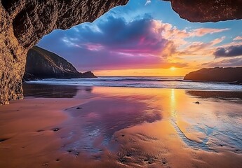 Stunning Sunset View from a Rocky Cave Opening Over a Tranquil Beach with Reflective Wet Sand and Colorful Sky