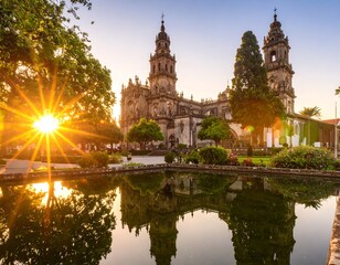 Cathedral at sunset, reflecting in a pond