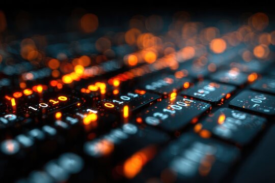 Close-up of glowing binary code on keyboard