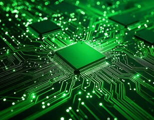 Close-up of glowing green circuit board with central processor