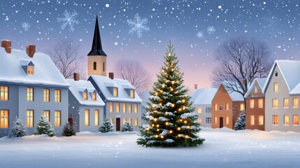 Fototapeta premium Christmas tree illuminating snowy village square at dusk
