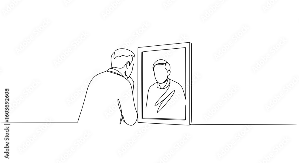 Poster man looking at his reflection in a simple line outline vector