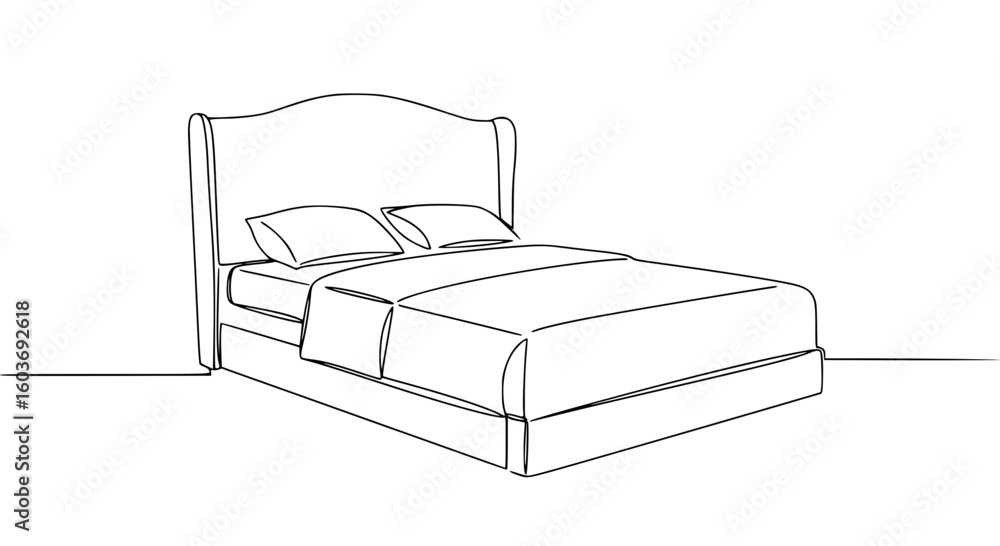 Poster simple bed design in linear outline with pillows and blanket