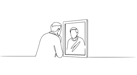 Man looking at his reflection in a simple line outline vector  