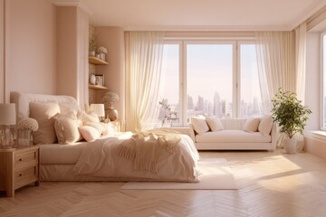 Sunlit bedroom with city view, neutral tones, and plush bedding