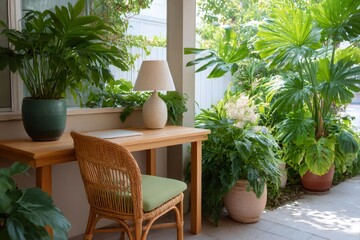 Fototapeta premium Cozy workspace with laptop on wooden table in lush green garden