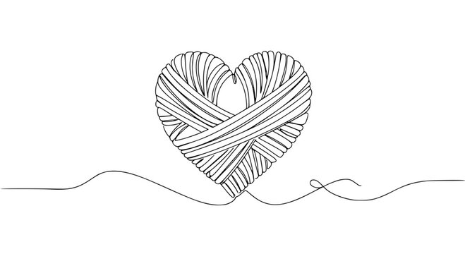 Fototapeta Heart made from yarn in single line outline vector style  