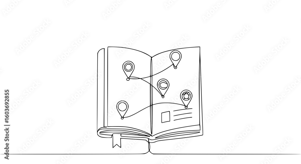 Poster open book with location markers and lines in one line vector outline, travel guide