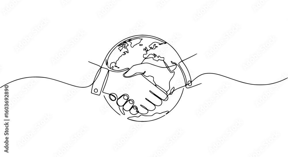 Poster hands shaking around the globe in a single line outline vector