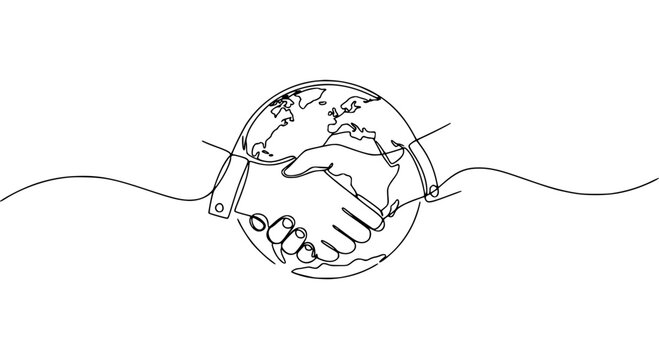 Hands shaking around the globe in a single line outline vector  