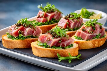 Chef preparing tuna crostini with capers and arugula on toasted bread