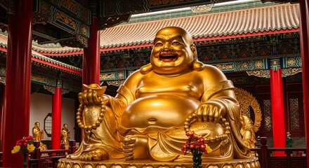 Golden Buddha Statue Sitting and Smiling in Traditional Asian Temple