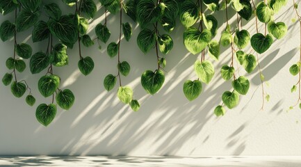 Lush green vines cascade down a light-grey wall, casting delicate shadows on a pale floor, creating a serene and natural scene