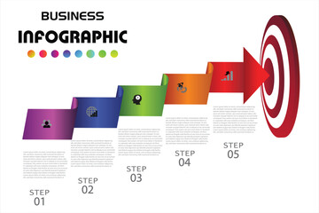  A business infographic illustrating a 5-step growth process with a red arrow pointing to a target, ideal for presentations and data visualization.