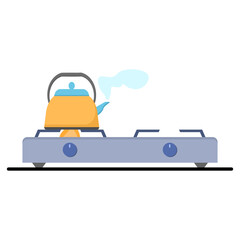 Naklejka premium An illustration of a colorful kettle emitting steam sitting on a two-burner stove on a black countertop, isolated on a white background, suitable for culinary projects.