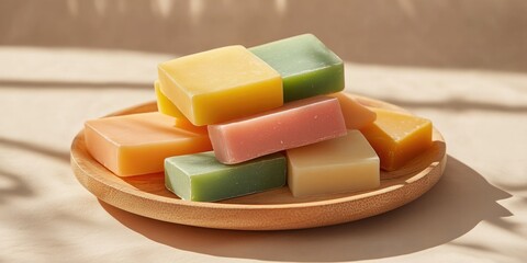 A stack of colorful bars of soap on a wooden plate