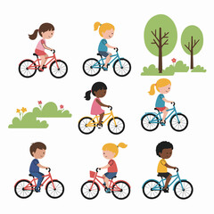 Naklejka premium Happy Diverse Kids Riding Bicycles Outdoors: A Cheerful Illustration of Childhood Joy and Active Play